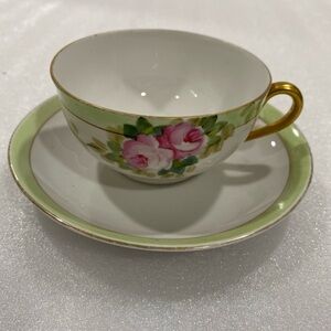 Vintage Noritake Porcelain “Roses” Cup & Saucer Hand Painted Green Pink Gold EUC